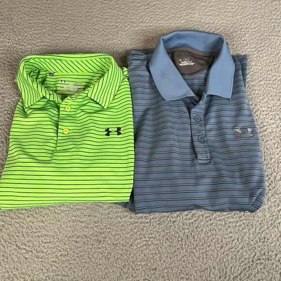 Lot of 2 Under Armour Polo Mens L Green Blue Stripe Heatgear Stripe Performance - Picture 1 of 13